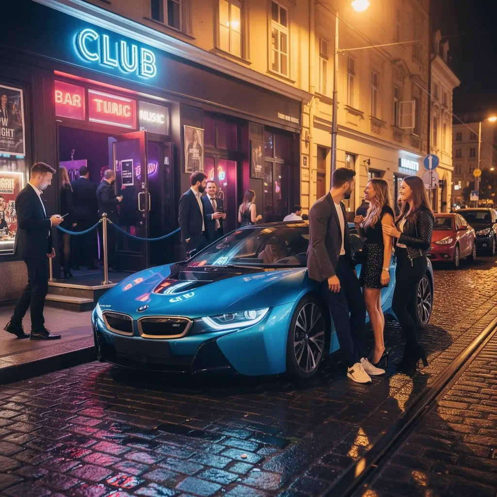 Detailní pohled na interiér luxusního vozu s koženými sedadly.