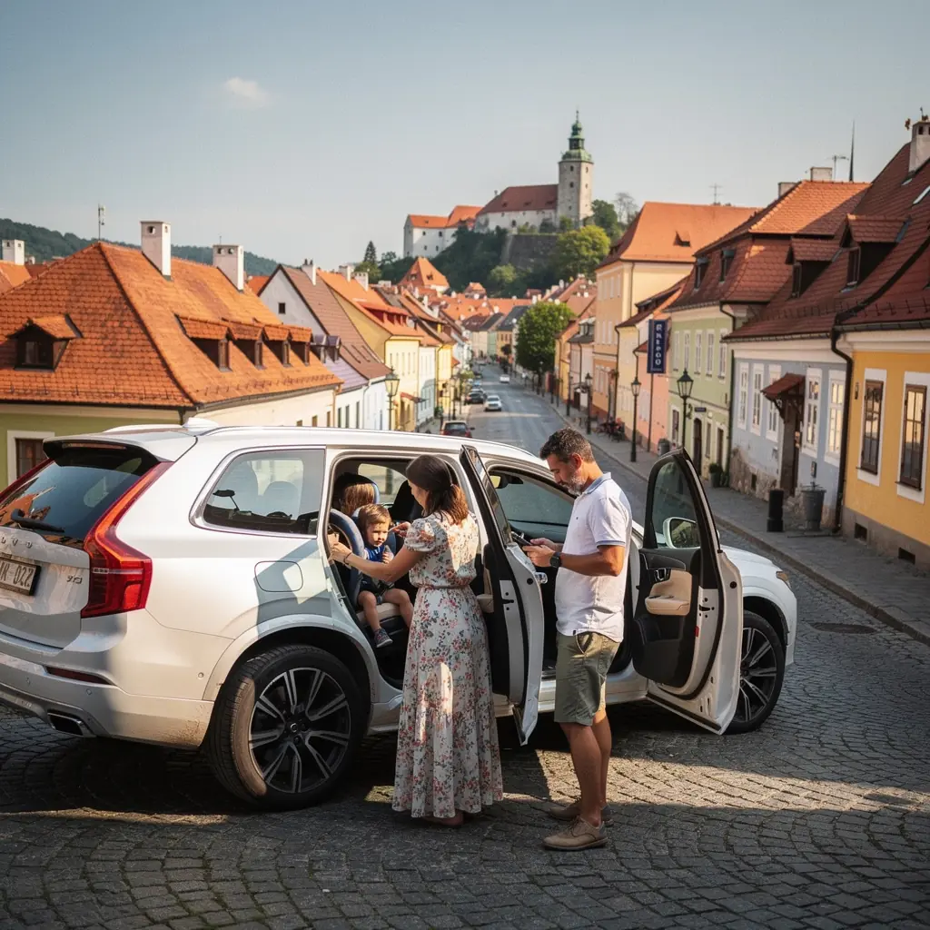 Rodina se usmívá při jízdě v pohodlném automobilu na výletě.
