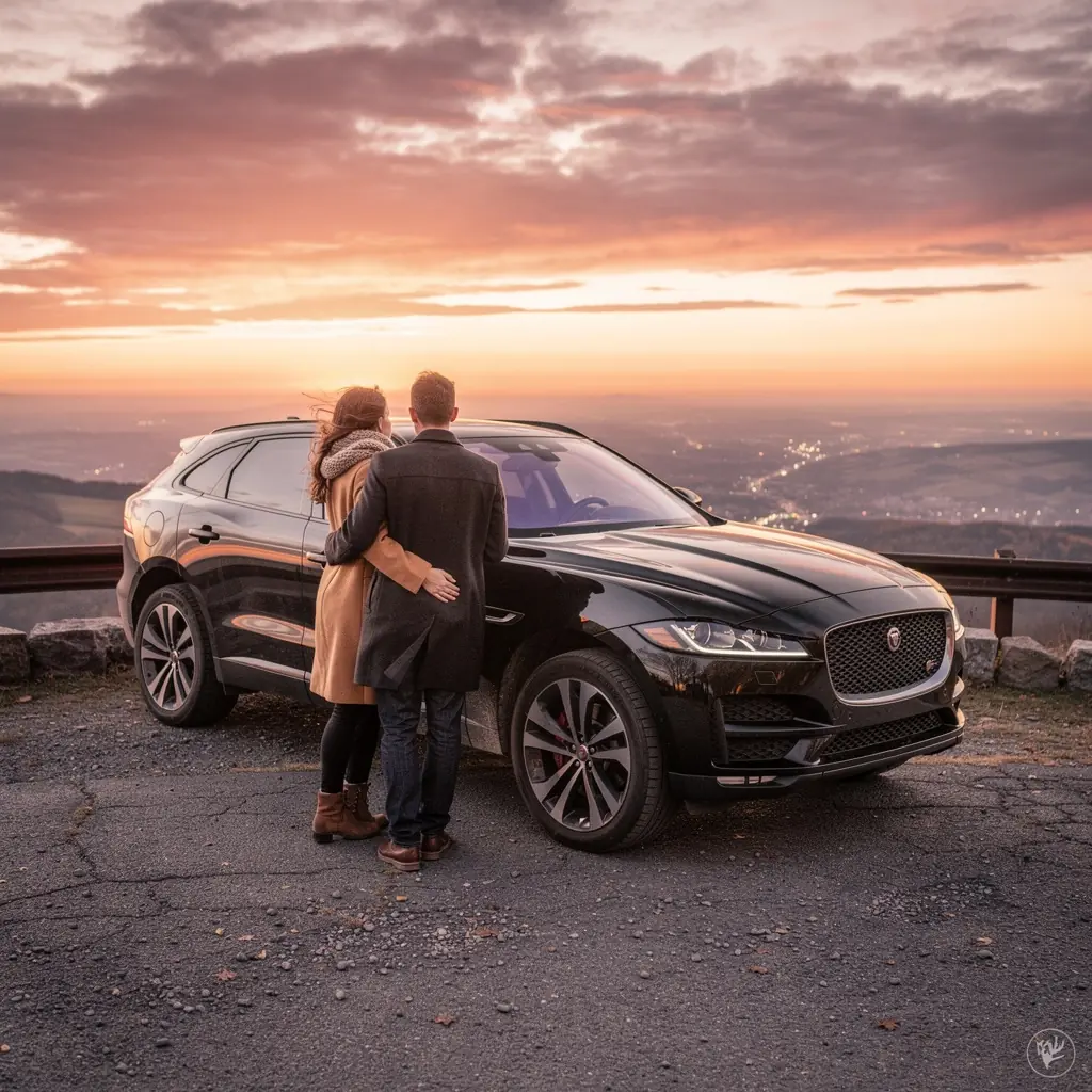 Automobil s neomezeným počtem kilometrů na pozadí krásné krajiny.