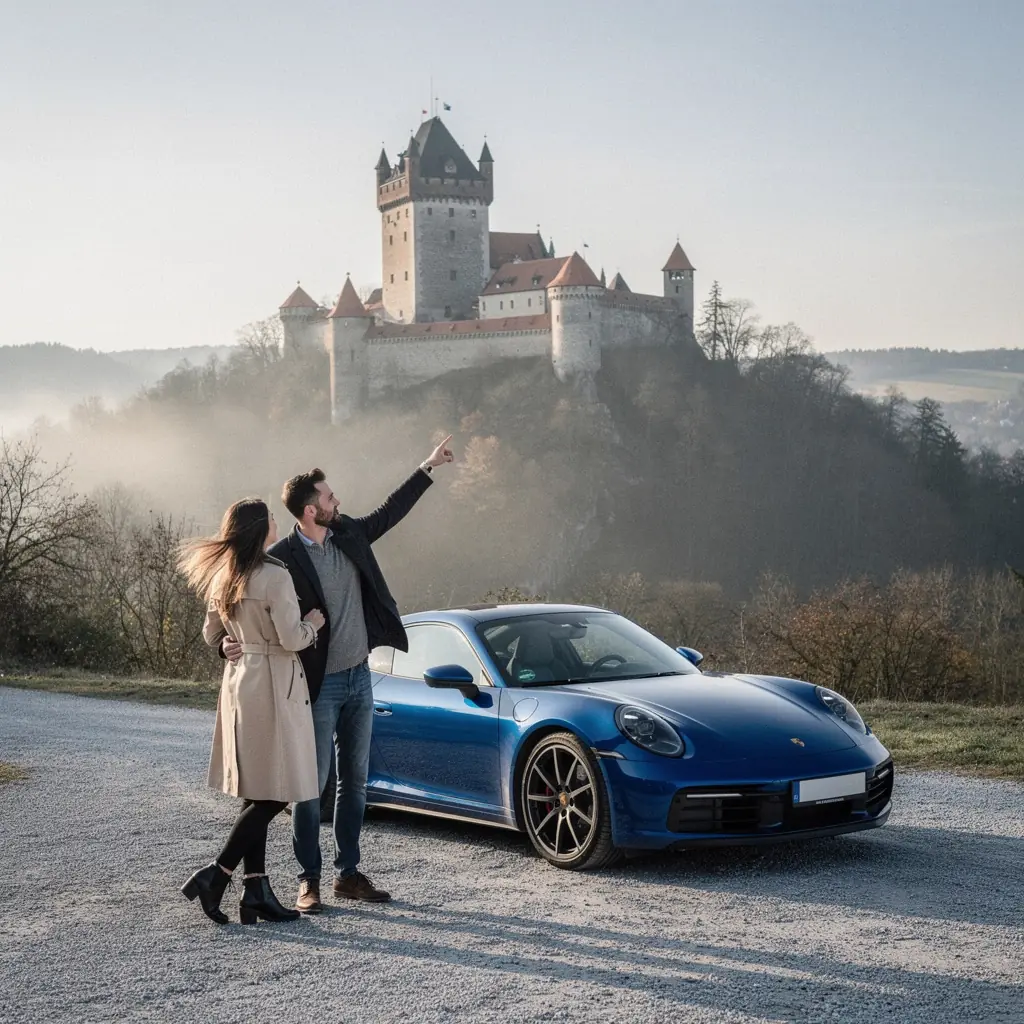 Interiér luxusního vozu s koženými sedadly a moderními technologiemi.